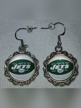 NWT Handcrafted Silver-Tone Dangle Earrings - Green White Team Logo